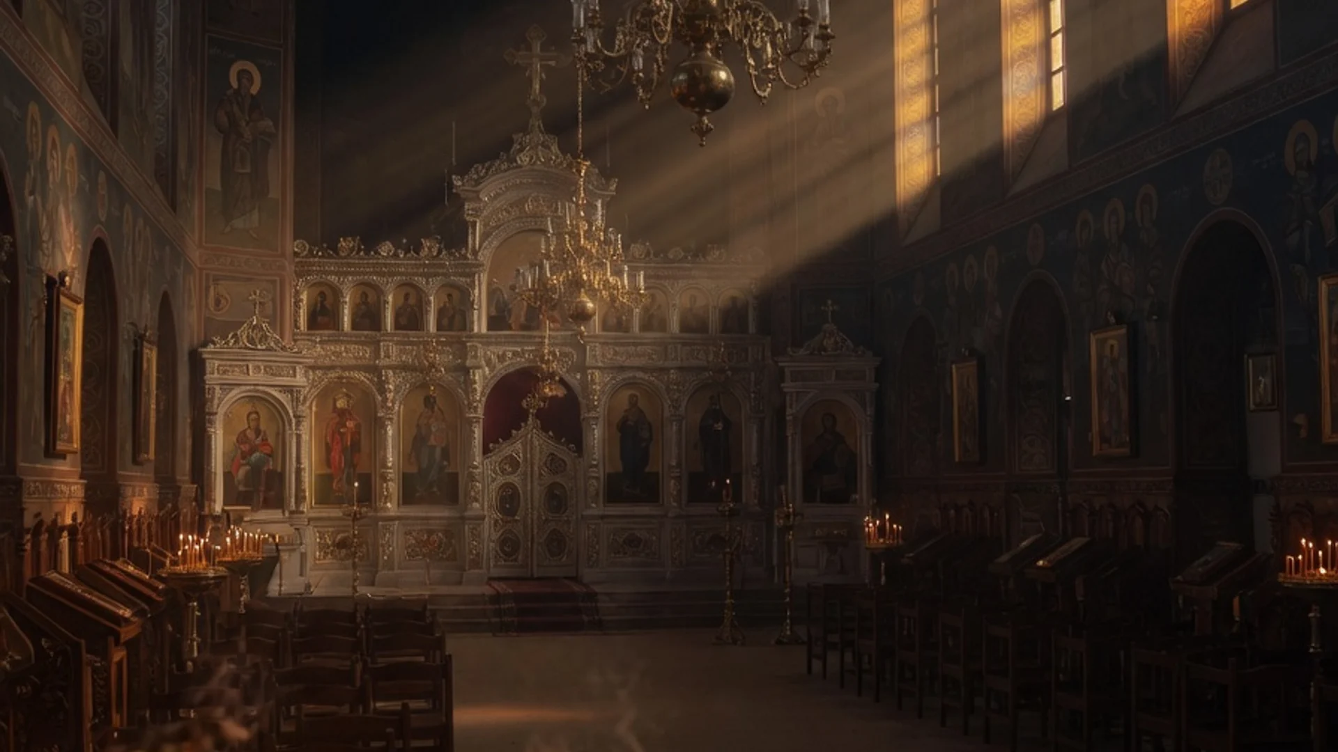 Interior cald de biserică ortodoxă cu raze de lumină prin ferestre