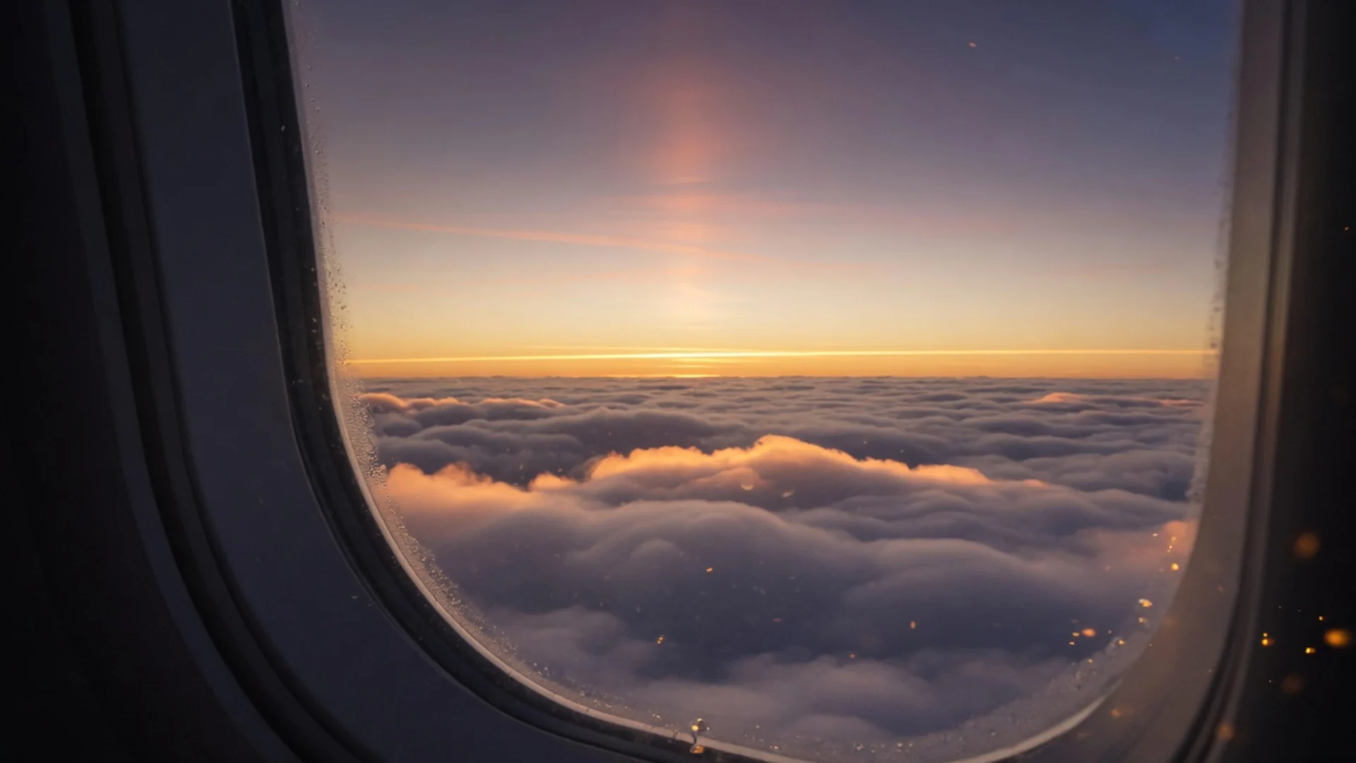 Răsărit auriu peste nori văzut prin fereastra avionului