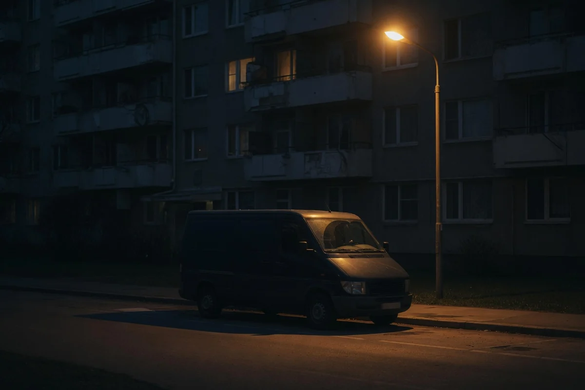 Vehicul funerar discret, fără inscripții, parcat noaptea în fața unui bloc rezidențial