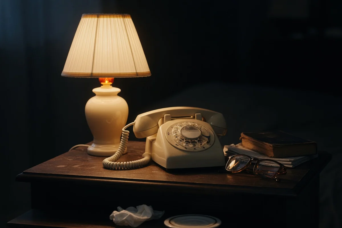 Telefon pe noptieră cu lampă aprinsă și ochelari, întuneric de noapte târzie