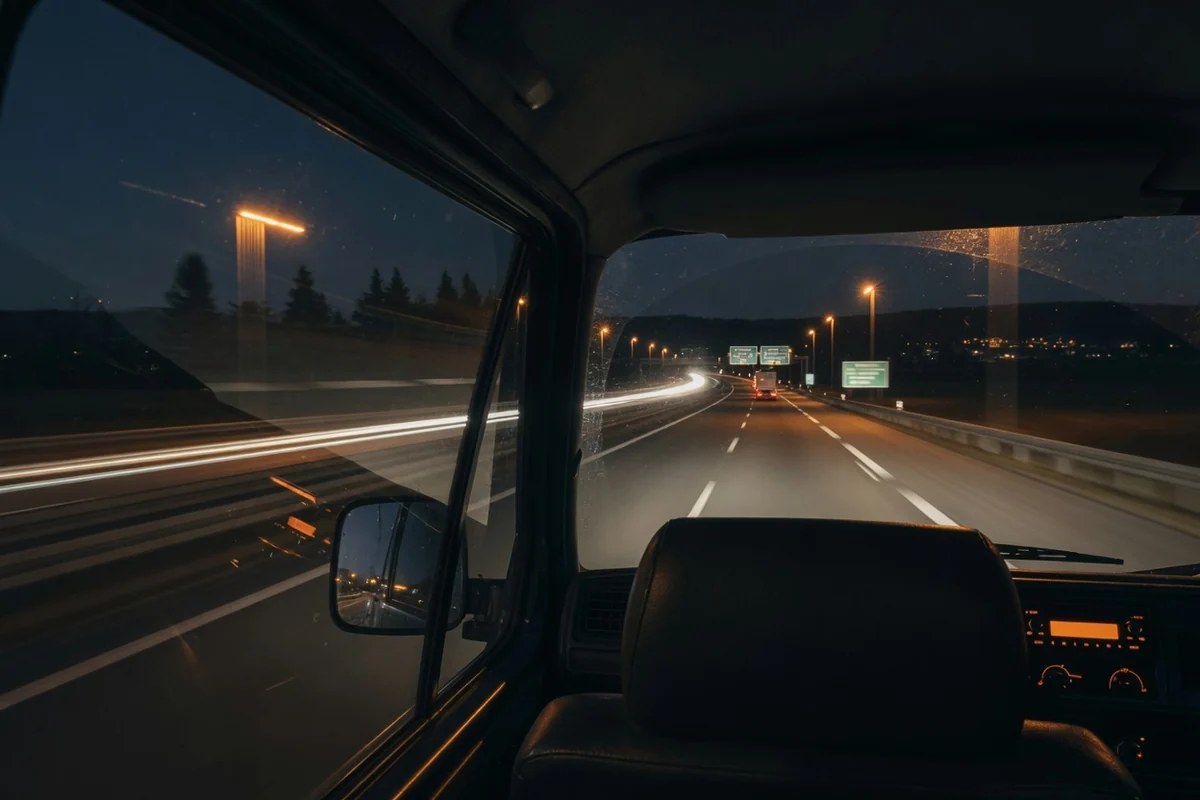 Autostradă pe timp de noapte prin centrul Europei — drumul Franța–România