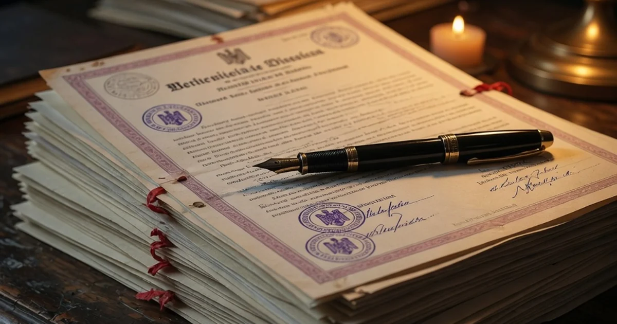 Documente oficiale și stilou pe birou de lemn închis