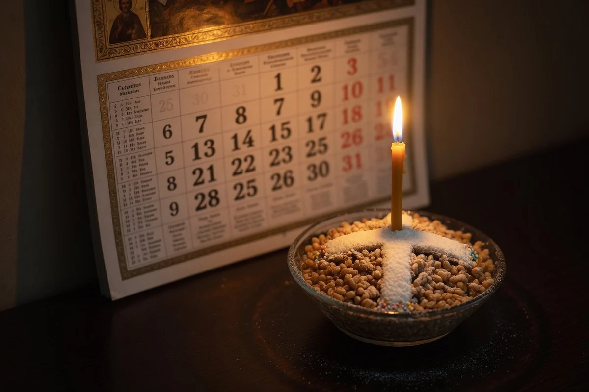 Calendar ortodox de perete lângă o colivă mică cu cruce și lumânare aprinsă