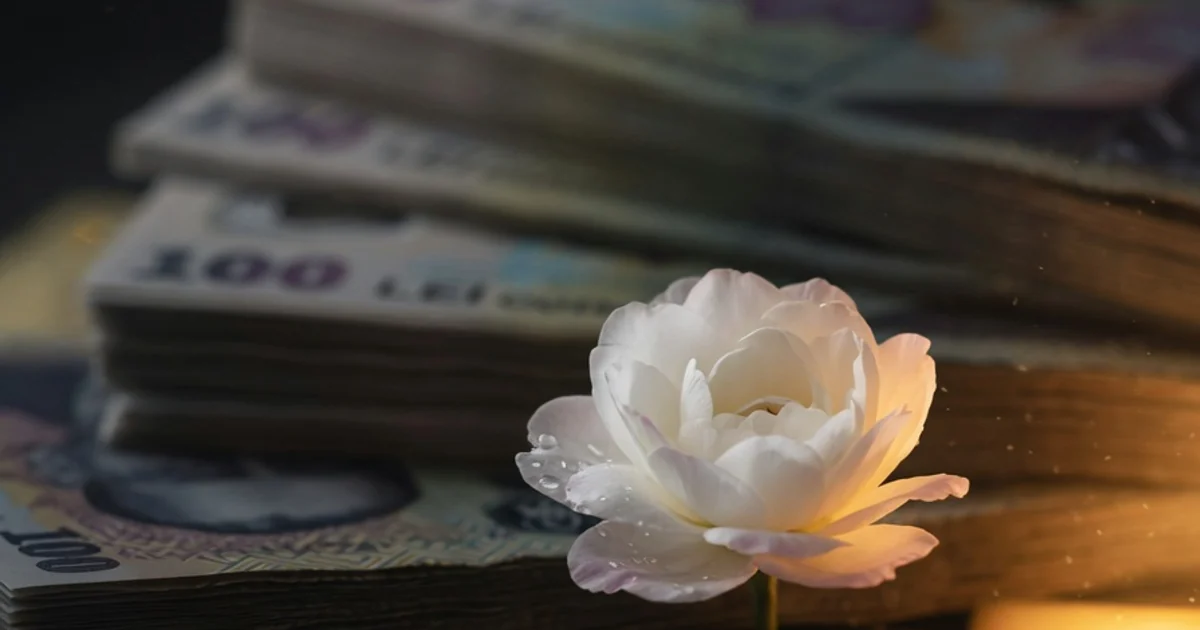 Bancnote românești cu o floare albă în prim-plan