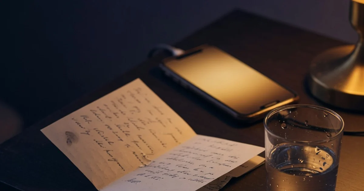Noptieră cu telefon, notiță scrisă de mână și un pahar cu apă