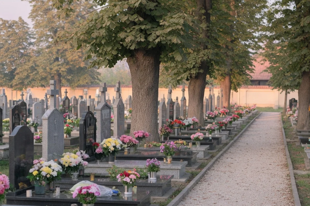 Alee liniștită de cimitir cu copaci bătrâni, dimineața