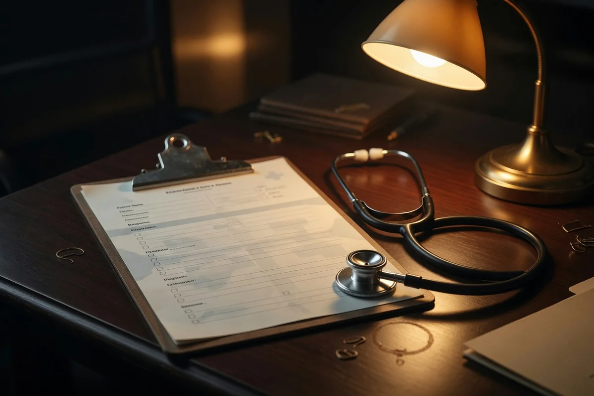 Clipboard cu formular medical și stetoscop pe birou de cabinet, lumină caldă