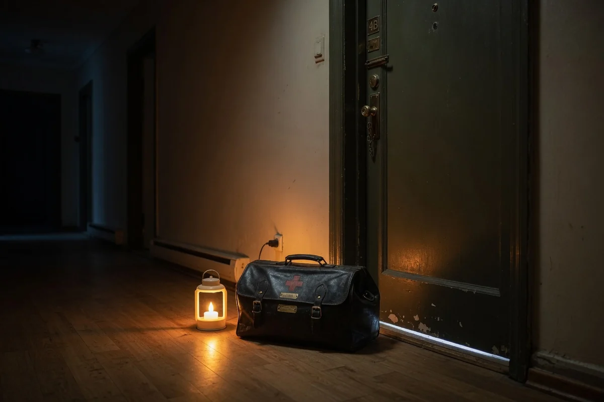 Geantă medicală de vizită lângă o ușă de apartament, hol cu lumina de veghe caldă, noaptea