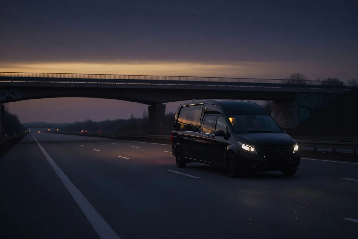 Dubă de transport funerar pe autostradă europeană, la lăsarea serii — drumul Germania–România