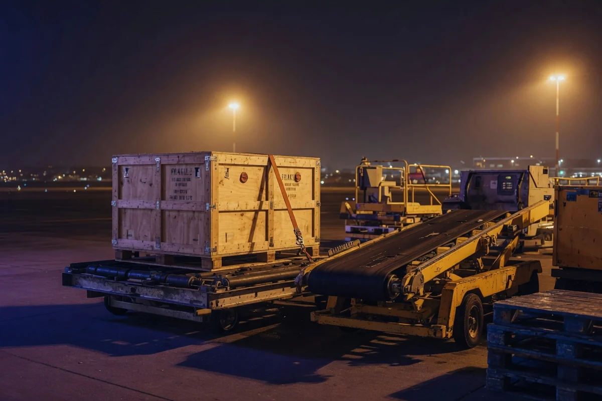 Zonă de cargo aerian pe timp de noapte — pregătirea transportului din Germania