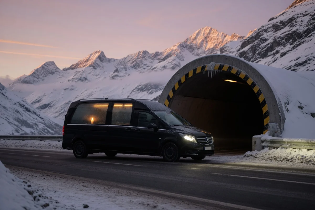 Dubă funerară intrând într-un tunel alpin în zori — traseul rutier Italia–România