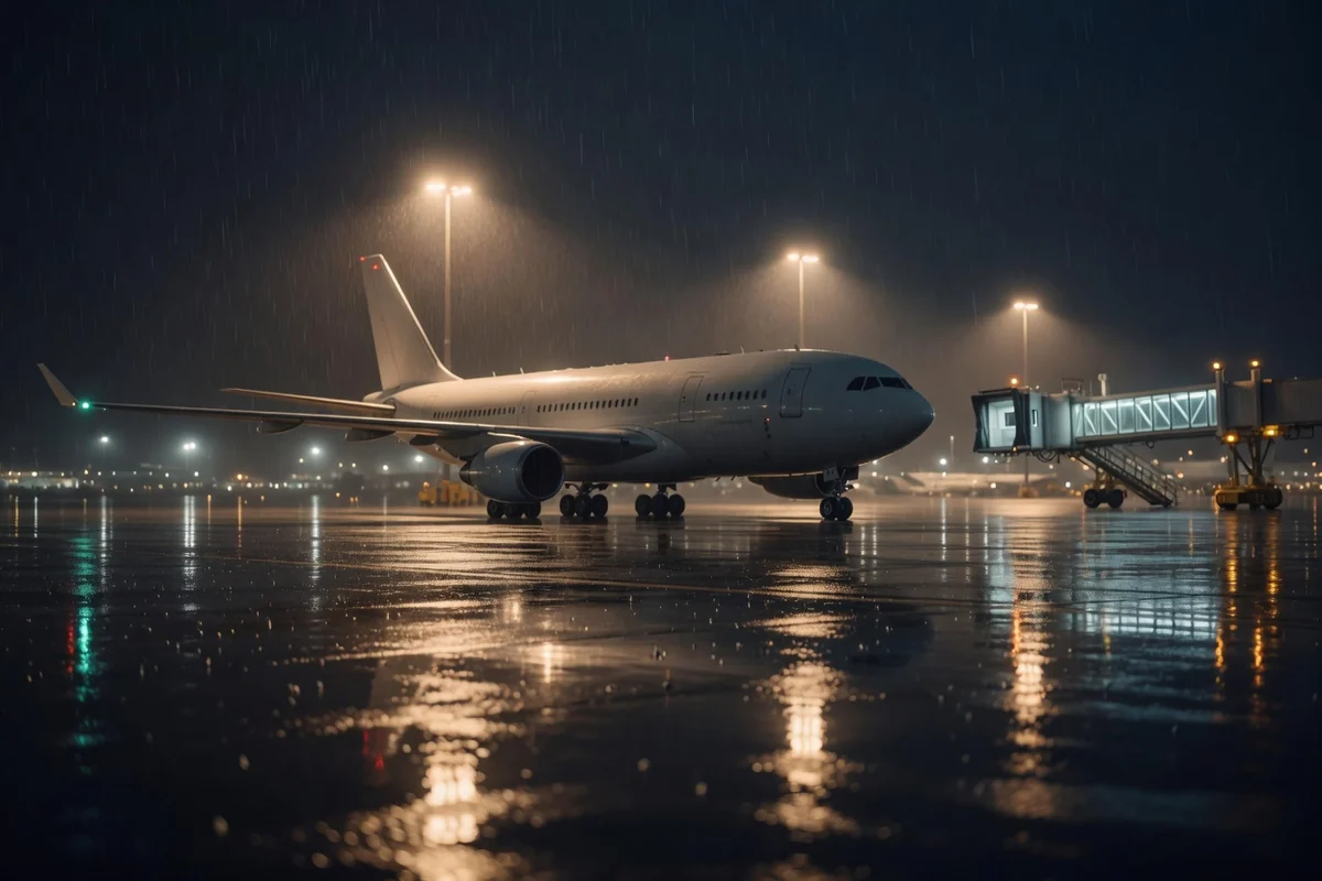 Avion cargo transatlantic pe pistă, noaptea, în ploaie — transportul din SUA