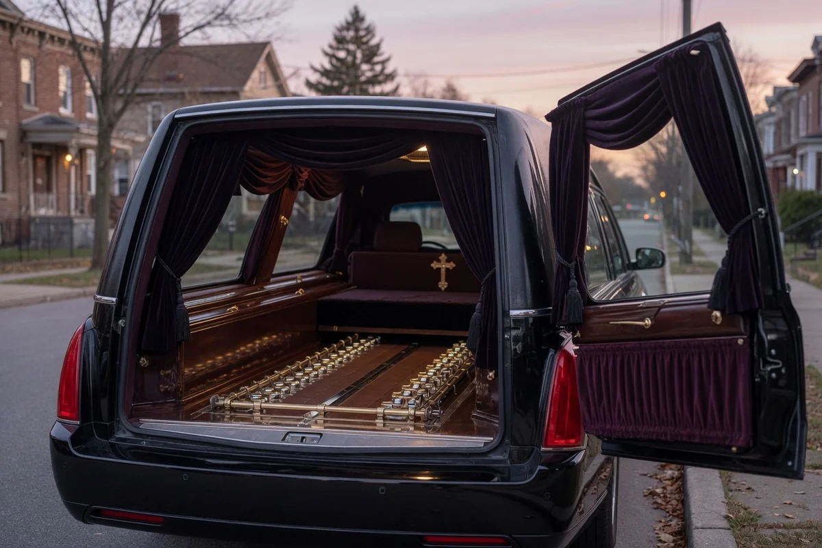 Dric funerar cu ușa din spate deschisă, interior amenajat